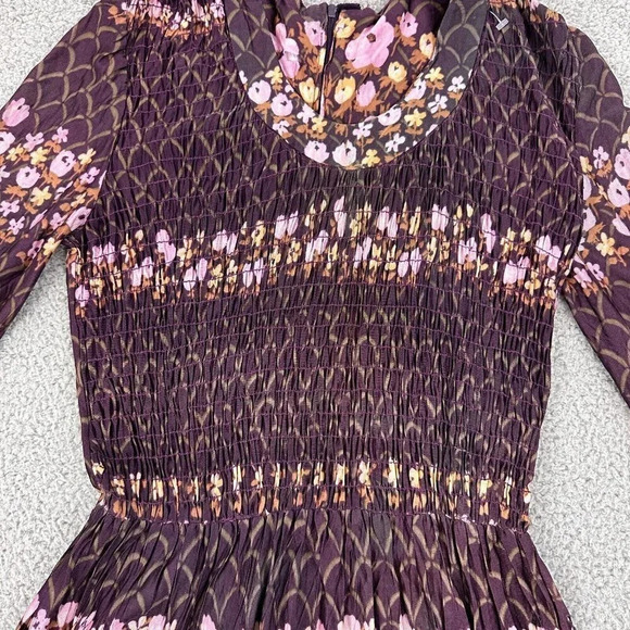 Vintage 70s Dress Size Small Floral Smocked Maxi Burgundy Boho Hippie - Picture 15 of 16